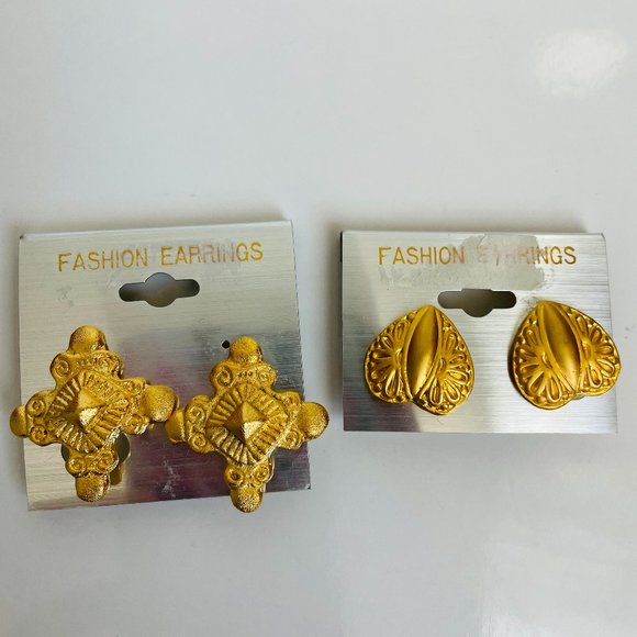 Fashion Jewelry Jewelry - Vintage Matte Gold Clip On Costume Earrings Hearts/Cross Etruscan Style Lot of 2